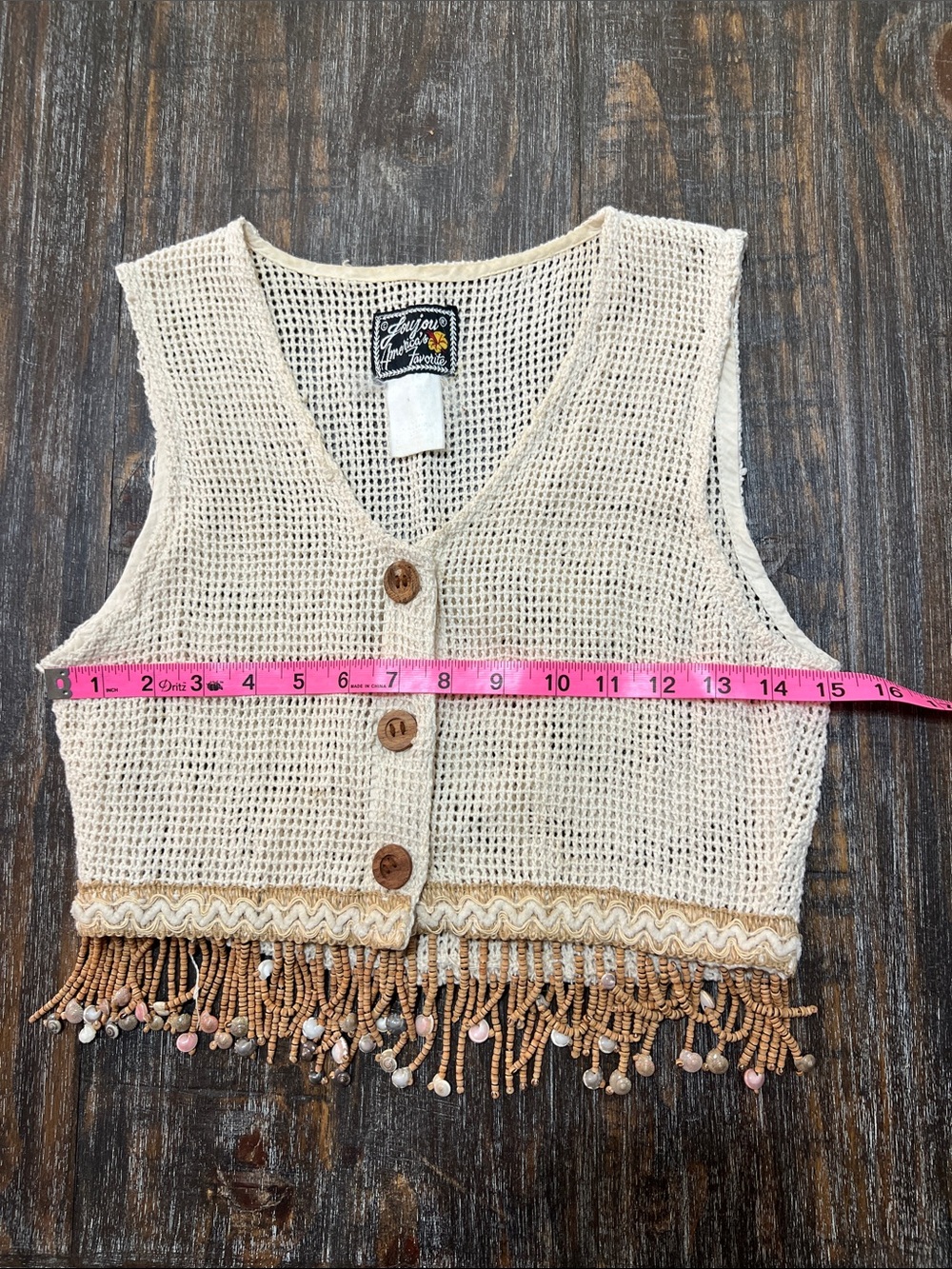 Vintage Jou Jou Cream Open-Knit Crochet Vest with Beaded Accent. Boho - Picture 6 of 7
